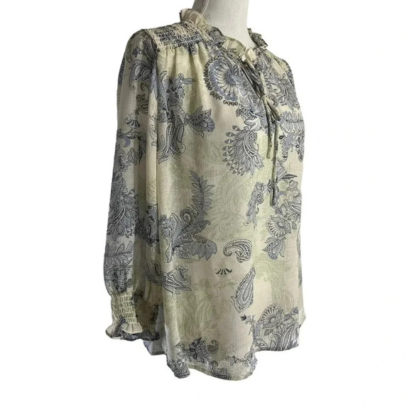 By The River Blouse Large Sheer Floral Seersucker Ruffle Keyhole Blue Womens Top - Picture 2 of 9